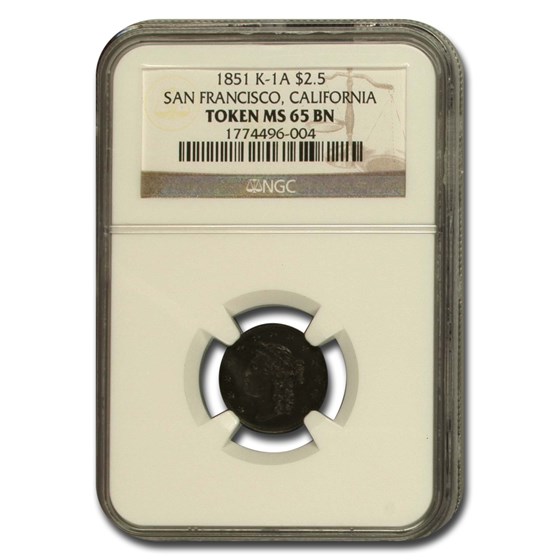 1851 $2.50 San Francisco California Token MS-65 NGC (BN, K-1A) 1851 $2.50 San Francisco California Token MS-65 NGC (BN, K-1A)